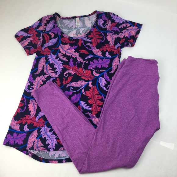 LuLaRoe Other - LuLaRoe Leggings and Classic T Purple Feathers OS